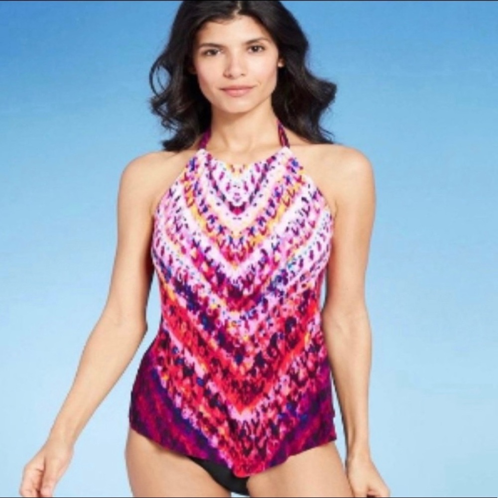 Woman’s high neck angled tankini top/ aqua green swimwear/ tie-dye.